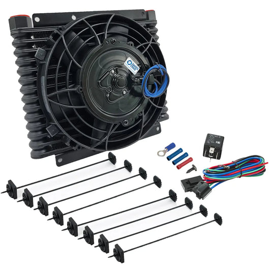 DC600 - Universal Engine/Trans Oil Cooler (32mm) 14-Row AN10 & 8" Fan Combo (12V)