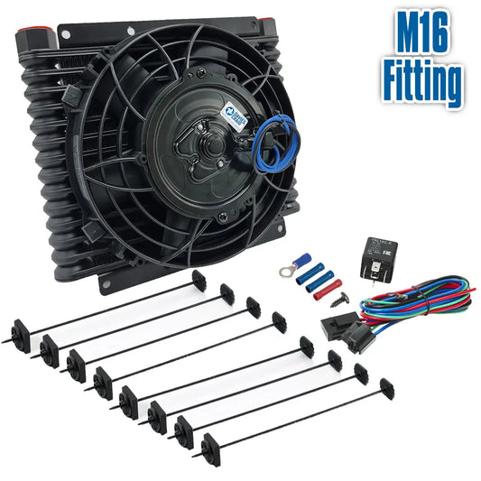 DC614 - Universal Engine/Trans Oil Cooler (32mm) 14-Row M16 & 8" Fan Combo (12V)